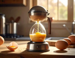 Innovative kitchen device, egg yolk pouring into a glass vessel