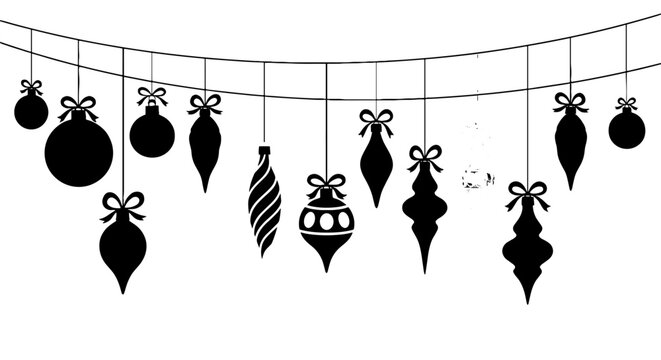 Elegant Christmas Ornaments Garland Suspended on Twine: Holiday Decoration in Festive Ambiance for Celebratory Occasions, Marketing, and Website Design, Classic Silhouette Design, Invitation, and Merr