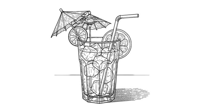 Refreshing Summer Cocktail Illustration: Hand-Drawn Drink with Ice, Lemon Slice, Straw & Umbrella for Bar Promotion, Menu Design & Tropical Getaway Visuals – Ideal for Restaurant Marketing, Beverage I