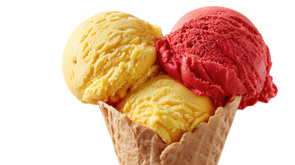 Closeup of a delicious strawberry ice cream cone with a scoop of frozen dessert isolated on a **white