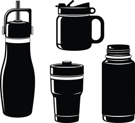 Portable water bottle, travel mug, and reusable coffee cup black and white vector icons set. Insulated beverage container silhouette collection for outdoor sport, travel, hydration and everyday use.