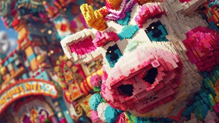 Fototapeta premium Pixelated cow head, vibrant colors, ornate background