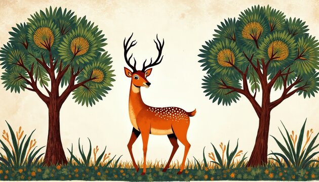 Gond art illustration features deer between trees on white textured surface. Traditional tribal Indian painting with fauna, flora element. Ornate decorative drawing folk, nature, culture, wildlife.