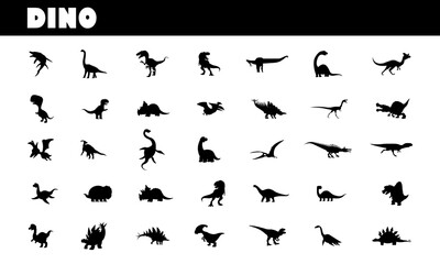 Black dinosaur silhouette icons. multiple prehistoric species in various fun.