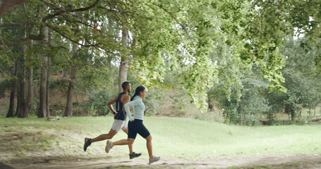 Athlete, couple and running outdoor for fitness, team exercise and cardio training. People, runner and sports workout with endurance challenge, marathon practice and wellness competition in nature