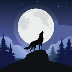 A black wolf silhouette howling at the full moon in the dark night sky with stars