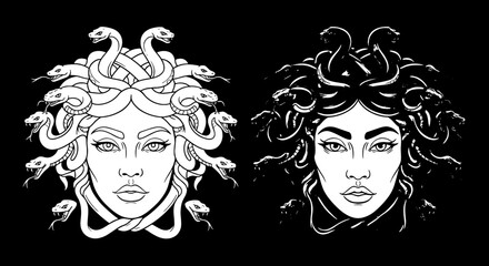 Medusa's Portraits: Conceptual Illustration of Duality, Contrasting Greek Mythology Icons with Snake Hair in a Modern, Edgy Style on Black Background, Perfect for Dark Fantasy Art, Tattoo Design, Horr
