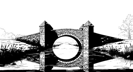 Arched Stone Bridge Reflecting in Calm River Waters amid Lush Nature, a Historic Landmark Illustration for Architectural Designs & Heritage Preservation, Landscape Scenery for Travel Brochures & Seren