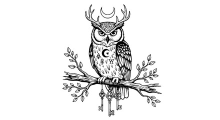 Fototapeta premium Detailed Engraving of Mystical Owl Perched on a Branch with Keys: A Symbolic Illustration for Esoteric Practices, Spiritual Exploration, and Occult Design, Perfect for Tattoos, Witchcraft, Alchemy, G
