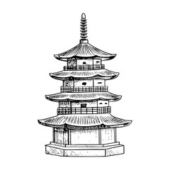 A detailed hand-drawn sketch of a traditional japanese five-story pagoda a famous religious architectural landmark