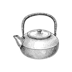 A simple hand-drawn sketch of a traditional japanese cast iron teapot or tetsubin perfect for tea themes