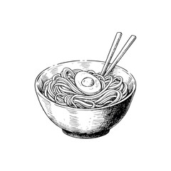 A hand-drawn sketch of a steaming bowl of ramen noodles with chopsticks a popular japanese comfort food