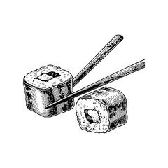 A hand-drawn sketch of two pieces of sushi rolls and chopsticks a popular and traditional japanese food