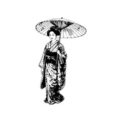 A detailed hand-drawn illustration of a geisha holding a traditional japanese umbrella or wagasa a cultural symbol
