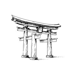 A hand-drawn sketch of a traditional japanese torii gate the symbol of a shinto shrine and passage