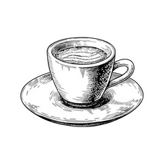 A simple hand-drawn sketch of a hot cup of coffee or tea on a saucer ideal for cafe and beverage themes