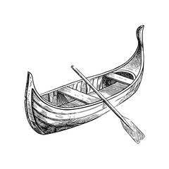A hand-drawn illustration of a traditional venetian gondola with an oar ideal for travel and romantic themes
