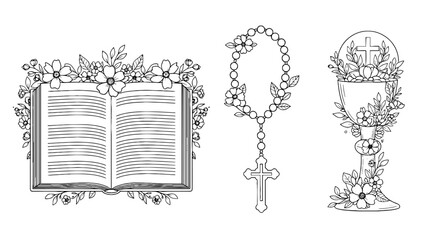 Ornate Religious Book, Rosary Beads, and Chalice Illustration Celebrating Faith, Spirituality, and Devotion for Church, Community, and Religious Education with Floral Designs and Delicate Lines, Perfe