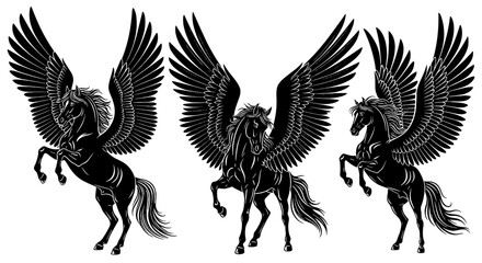 Majestic Pegasus Stallions in Flight, Mythical Creatures Leaping, Fantasy Illustration in Black and White, Heraldic Symbolism for Strength and Grace, Artistic Design for Graphic Arts and Logo Concepts
