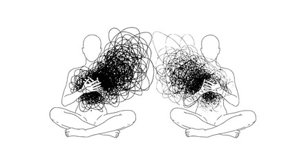 Mental Health Meditation: Two Figures Sit in Lotus Position Facing Each Other, Contemplating Shared Emotional Turmoil, Representing Therapy, Support, and Understanding in Minimalist Line Art for Healt