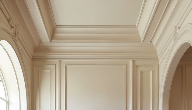 Elegant cream coffered ceiling, crown molding in luxury home interior. Decorative wall paneling adds classic style. Arched window, doorway provide sophisticated architectural detail. High-end