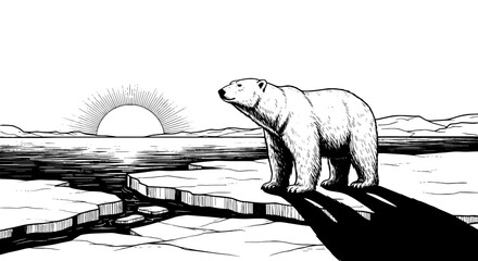 Polar Bear on Melting Ice Floe Grieving Climate Change: Endangered Animal in Arctic Landscape with Rising Sun, Global Warming Concept for Environmental Presentation, Nature Conservation Campaign, Scie
