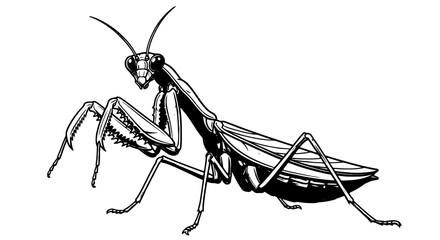 Detailed Praying Mantis Insect Illustration Displaying Predatory Stance in Black and White, Ideal for Science Education Material, Entomology Studies, Biology Resources, Vector Art Project, Wildlife, M