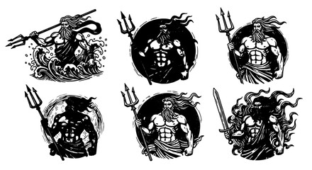 Poseidon Illustrations Collection: Ancient Greek God with Trident Rising from Ocean Waves & Powerful Muscular Figure, Commanding & Divine, Mythological Artwork for Fantasy Games & Graphic Novels, Powe