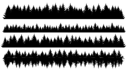 Silhouetted Evergreen Trees Borders: Forest Edge, Woodland Scene, Nature Background for Outdoor Adventure, Ecological Projects, Wilderness Exploration, Dark & Moody Landscape Illustration, Naturalisti
