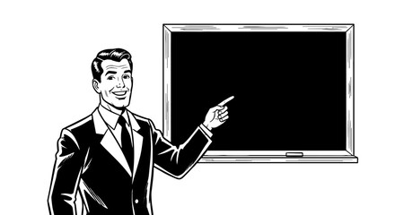 Retro Businessman Presenting on Chalkboard, Teaching or Lecturing in Classroom Setting, Pointing to Blank Space for Marketing Presentation, Education, or Business Strategy in Vintage Style Drawing (19