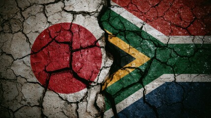Cracked surface showing the flags of Japan and South Africa blending together in a unique way