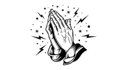 Detailed Engraved Praying Hands Illustration Expressing Faith, Hope and Spirituality Amidst Energetic Lightnings & Sparkling Stars, Perfect for Religious Concepts, Artistic Designs, Black & White Grap