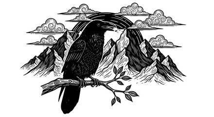 Majestic Raven Perched on Branch Amidst Mountain Peaks & Swirling Clouds: A Symbol of Wisdom, Mystery, and Nature's Power for Literature, Education, & Creative Design Projects, Woodcut Style Illustrat