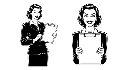 Retro Businesswomen Presenting Information with Clipboards on White Backdrop: Vintage Inspired Leaders Showing Data for Corporate Presentation, Education, or Healthcare Marketing, Classic Black and Wh