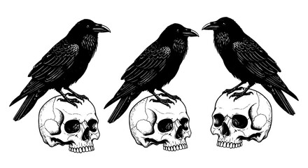 Three Black Ravens Perched Atop Human Skulls: Symbolism of Mortality, Prophecy, and Mystery in Gothic Imagery for Halloween, Occult Themes, and Horror Illustration Projects with Dark Artistic Style (I