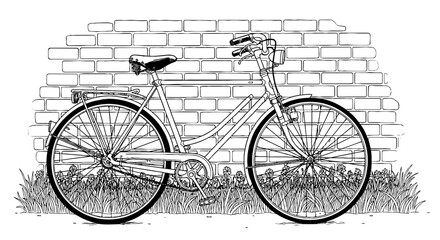Vintage Bicycle Parked Against Brick Wall in a Garden Setting with Blooming Flowers Illustration for Sustainable Lifestyle Projects and Eco-Friendly Transport, Ideal for Marketing, Web Design, Graphic