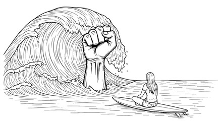 Empowered Surfer Contemplating a Giant Fist Wave Illustration on the Ocean for Strength Concept, Facing Challenges, and Overcoming Obstacles in Business and Life, Graphic Art for Motivation and Inspir