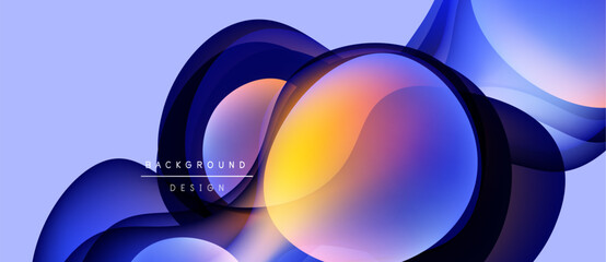 Abstract fluid shapes overlap, creating vibrant color gradients. Blue, orange, purple hues dominate design. Modern background element.