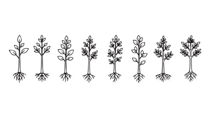 Set of hand-drawn seedling trees with roots botanical sketch nature elements silhouette