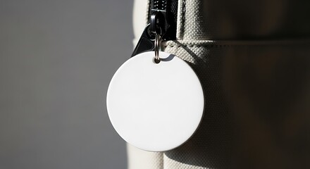 A close-up of a blank white circular tag attached to a zipper pull on a light-colored bag.