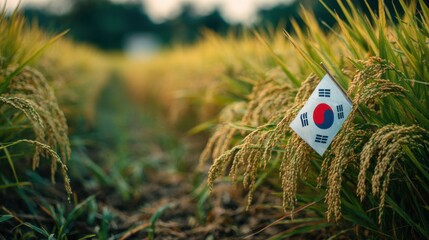 Korean flag marks rice field during harvest season under warm sunlight