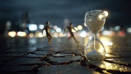Time Flies By, People Walk Through City at Night, Hourglass.