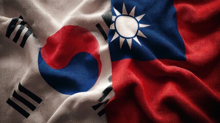 Flags of South Korea and Taiwan displayed together in vibrant fabric embrace during a cultural celebration