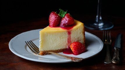 Decadent Strawberry Cheesecake Slice With Berry Coulis, Fresh Mint, and Elegant Presentation