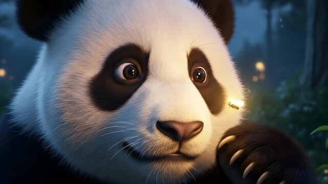 Cute animated panda watches glowing firefly at night