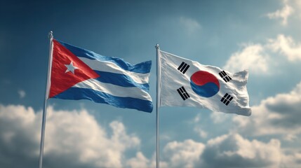 Cuban and South Korean flags waving together under a clear sky in a symbol of friendship and cultural exchange