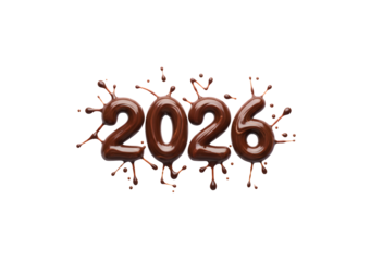 The number 2026 is crafted from melted chocolate and set against a white background.
