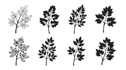 Set of eight stylized dark foliage branches decorative elements in various forms silhouette