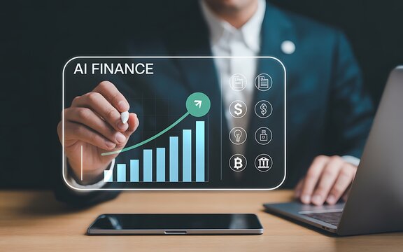 A business professional drawing a rising financial graph indicating successful ai finance and digital growth on a futuristic interface.
