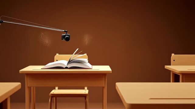 Overhead Camera Captures Open Book on Wooden Desk in Empty Classroom Setting.